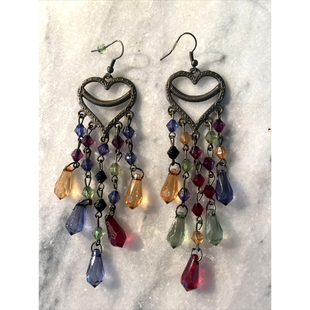 Vintage Bohemian Brass Heart Rhinestone Chandelier Earrings